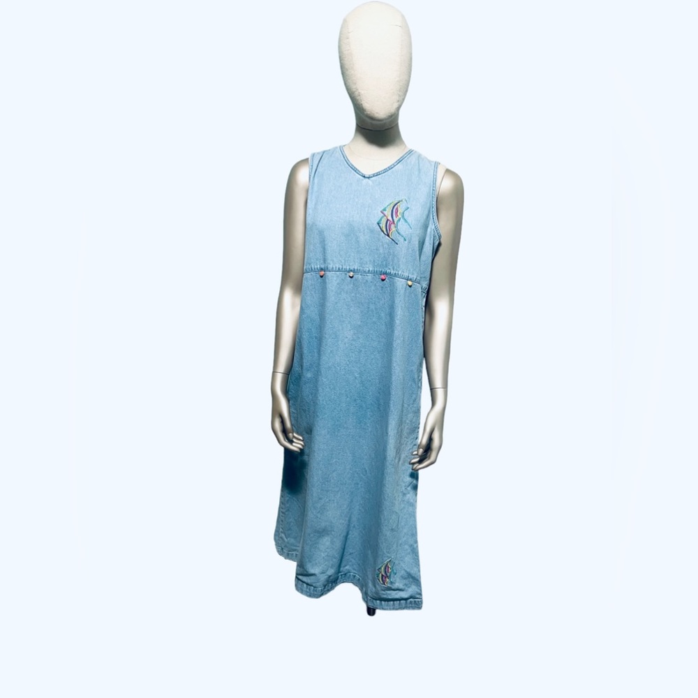 Vintage 90s Blue J. Embroidered Tropical Fish Denim Sleeveless Maxi Dress PL